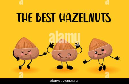 Walnut hazelnut character. Greeting card or logo yellow bright background. Useful and fresh food. Vegetarianism and vegans. Stock Vector