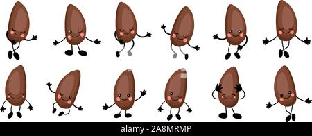 Cedar nut. a large set of Cute Nuts characters with hands and eyes. Cartoon fruit or vegetable. Useful vegan food. Isolated on white background.. Stock Vector