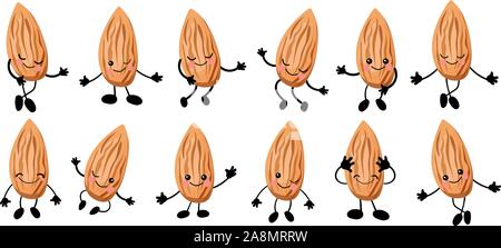 Cute cartoon almond. Walnut character. Vector illustration isolated on white background.. Stock Vector