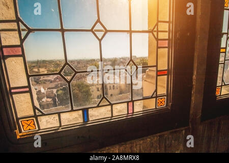 Avignon, Provence / France - September 27, 2018: Beautiful windows with stained glass windows in the interior of the Papal Palace Stock Photo