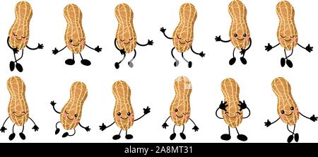 Peanuts. a large set of Cute Nuts characters with hands and eyes. Cartoon fruit or vegetable. Useful vegan food. Isolated on white background.. Stock Vector