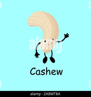 Cashew. Cute nut character with hands and eyes. Cartoon fruit or vegetable. Useful vegan food. Stock Vector