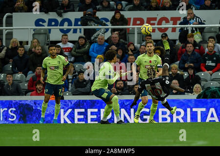 9th November 2019, St. James's Park, Newcastle, England; Premier League, Newcastle United v Bournemouth : Allan Saint-Maximin (10) of Newcastle United clears the ball with an overhead kick Credit: Iam Burn/News Images Stock Photo