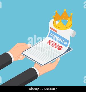 Flat 3d isometric businessman hands holding smartphone with content is king in web page and crown. Digital content marketing concept. Stock Vector