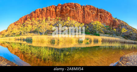 Central Australian Outback along Red Centre Way. Scenic sandstone wall and bush vegetation of Glen Helen Gorge reflected on waterhole. Panorama of Stock Photo