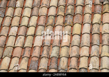 Fragment of a tiled roof. Clay tiles. Background. Pattern. Terracotta. Gray. Ocher. Stock Photo