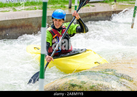 Kayaking on an artificial wild water channel Stock Photo