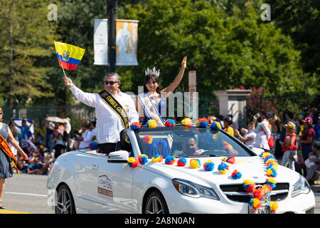 Washington DC, USA - September 21, 2019: The Fiesta DC, Ecuadorian beauty queen, with the Consul General from Ecuador, traveling down constitution ave Stock Photo