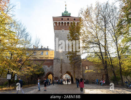 St. Florian's Gate at the northern end of the Old Town of Krakow, Poland on a sunny autumn day Stock Photo