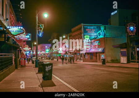 Beale Street in Memphis Tennessee by night. This street is famous for its blues clubs. Stock Photo