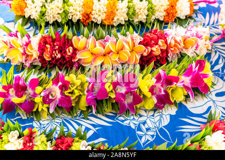 Garlands of flowers in French Polynesia, traditional flowers crowns Stock Photo