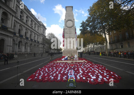 The Cenotaph memorial in Whitehall, central London after the Remembrance Sunday service. PA Photo. Picture date: Sunday November 10, 2019. See PA story ROYAL Remembrance. Photo credit should read: Victoria Jones/PA Wire