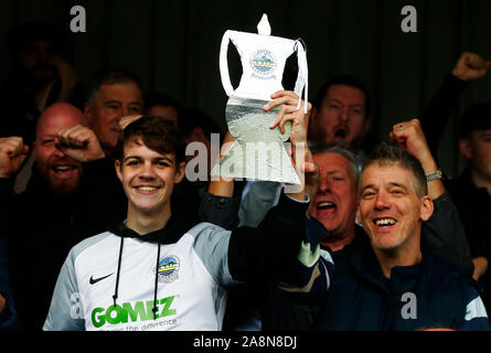 Dover, UK. 10 November 2019.  Dover Athletic Fan celebrates they win with the FA Cup during The FA Cup First Round between Dover Athletic and Southend United at Crabble Athletic Ground, Dover, England on 10 November 2019 Credit: Action Foto Sport/Alamy Live News