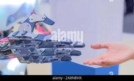 Woman and robot hands Stock Photo