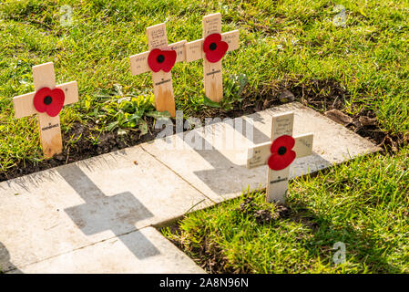 A remembrance day service was held at the Lutyens designed Southend Cenotaph war memorial. Wooden crosses have been placed Stock Photo