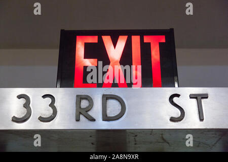 Exit sign onto 33rd street, Hotel Pennsylvania , 7th Avenue, New York City, United States of America.