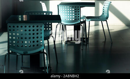 table and  chair furniture set in cafe shop. seat for dining table, simple natural beauty design. Different positions . nobody in shop .Hours for busi Stock Photo