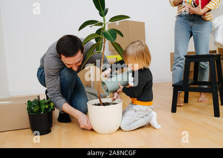 Family moved into a new apartment. Child watering plant while parents unpacking. Stock Photo