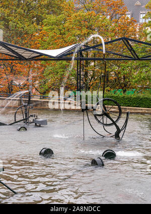 Tinguely Fountain with iron sculptural machines playing in the water, Basel downtown landmark, Switzerland. Stock Photo