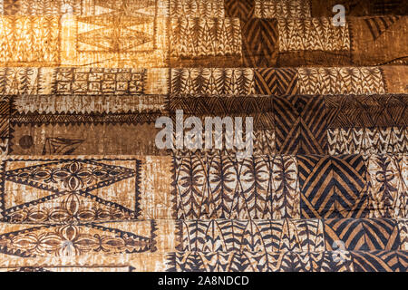 Huge bark cloth launima patterns detail from Tonga, Polynesia. Fabrics exhibited at Basel Museum of Cultures, Switzerland. Stock Photo