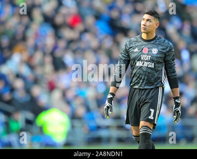 Cardiff, UK. 10th Nov, 2019. 10th November 2019; Cardiff City Stadium, Cardiff, Glamorgan, Wales; English Championship Football, Cardiff City versus Bristol City; Neil Etheridge of Cardiff City - Strictly Editorial Use Only. No use with unauthorized audio, video, data, fixture lists, club/league logos or 'live' services. Online in-match use limited to 120 images, no video emulation. No use in betting, games or single club/league/player publications Credit: Action Plus Sports Images/Alamy Live News Stock Photo