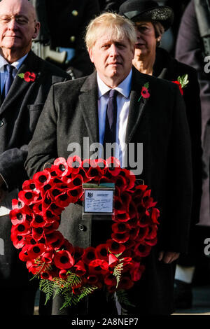 Whitehall, London, UK. 10 November 2019.  Prime Minister, Boris Johnson attends the National Service of Remembrance at the Cenotaph. . Picture by Julie Edwards./Alamy Live News