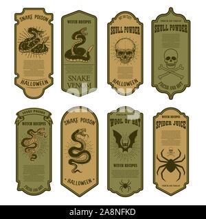 Halloween snake poison. Skull powder. Bottle label template. Design element for poster, card, banner, sign. Vector illustration Stock Vector