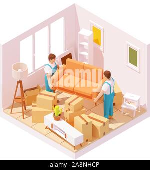 Vector isometric movers carrying sofa in room Stock Vector