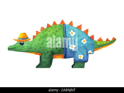 The cute watercolor dinosaur in clothes. Children's isolated illustrations. Stock Photo