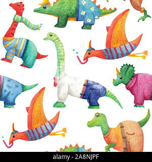 Seamless pattern with cute watercolor dinosaurs in clothes. Stock Photo