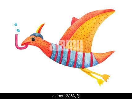 The cute watercolor dinosaur in clothes. Children's isolated illustrations. Stock Photo