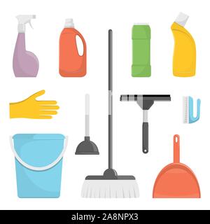 Set of cleaning tools and detergents. Bucket, scoop and brush for sweeping, washing powder, bottle of spray, sponge, brush, glass scraper, rubber glov Stock Vector