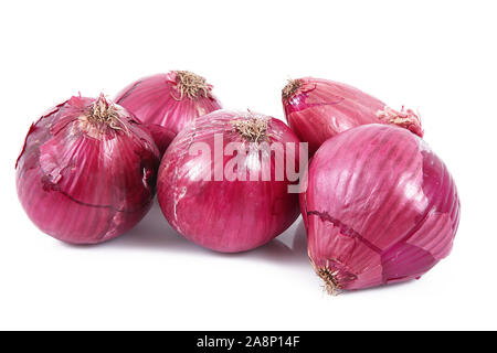 fresh red onions on white background Stock Photo