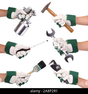 hands with gloves and tools collage on white background Stock Photo