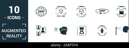 Ar And Vr icon set. Include creative elements augmented reality, 360 view, face recognition, augmented reality glasses, shopping icons. Can be used Stock Vector
