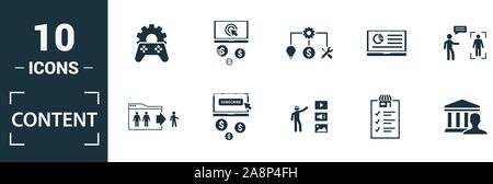 Content icon set. Include creative elements cost per click, crowdsourcing, curation, exit rate, gamification icons. Can be used for report Stock Vector