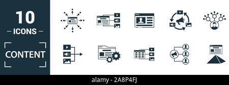 Content icon set. Include creative elements cms, content plan, digital content, viral marketing, media plan icons. Can be used for report Stock Vector