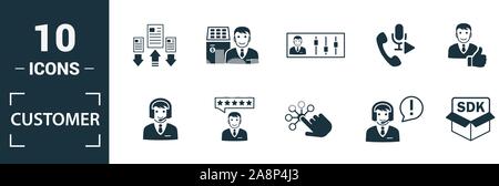 Customer Service icon set. Include creative elements agent console, case priority, satisfaction, helpdesk, knowledge base icons. Can be used for Stock Vector