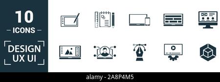 Ui icon set. Include creative elements search, done, thumb up, zoom out, volume up icons. Can be used for report, presentation, diagram, web design Stock Vector