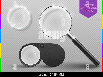 Realistic modern magnifying glass set. Vector Magnifier lens tool. Plastic Handle and Metallic Rim Isolated On transparent Background. Optical device Stock Vector