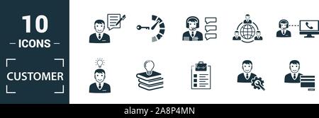 Customer Service icon set. Include creative elements agent console, case priority, satisfaction, helpdesk, knowledge base icons. Can be used for Stock Vector
