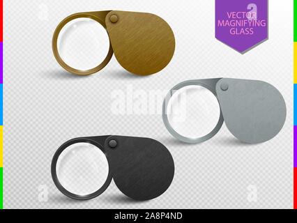 Realistic metallic modern folding magnifier set. Vector magnifying glass lens. Brass, silver and iron tool Isolated On transparent Background. Optical Stock Vector