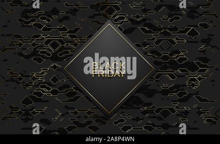 Black friday luxury banner. Golden text on black rhombus label frame. Dark technology geometric gold line pattern background. Vector illustration. Vip Stock Vector