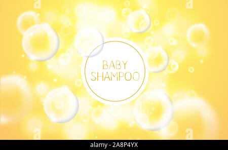 Transparent soap bubbles yellow background. Vector light flare and sparks clear sunny background. Kid soap or baby shampoo design with white label Stock Vector