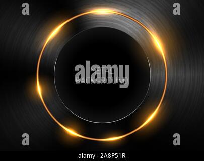 Vector dark realistic textured polished metal backgrund with round black hole at center. Yellow neon light tech industrial design. Black brushed plate Stock Vector