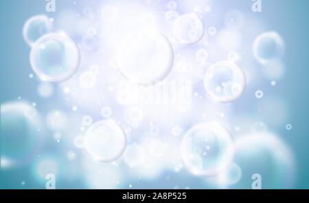 Transparent soap bubbles blue background with defocused elements. Vector light flare and sparks clear background. Cleaning design. Stock Vector