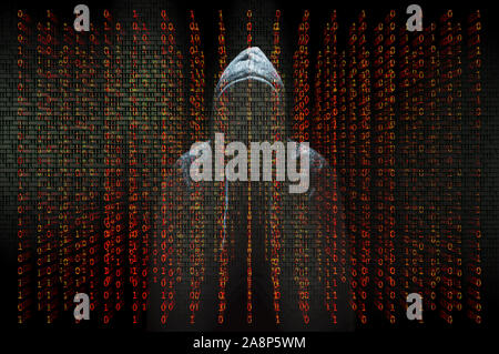 Concept image of a hooded cyber criminal lurking behind lines of digital binary code Stock Photo