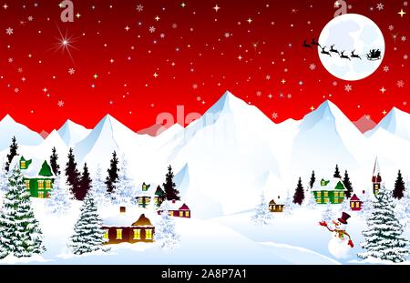 Winter rural landscape. Christmas Eve Night. Mountain village. Snow, forest, mountains. Shining stars and snowflakes in the night sky. Santa on a slei Stock Vector