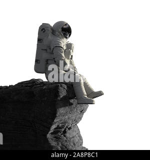 astronaut on the Moon sitting on a cliff, isolated on white background Stock Photo