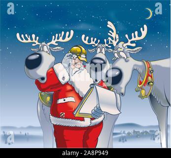 Illustration with a pensive Santa Claus reading a letter with three curious reindeer. In the background starry sky and snow-covered landscape Stock Vector